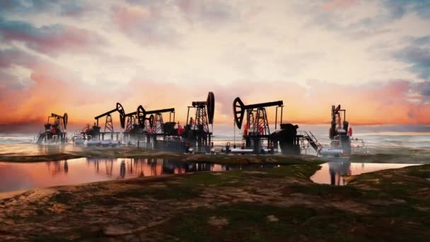 Oil Pump Oil Industry Equipment Drilling Derricks Silhouette Oil Field — Stock Video