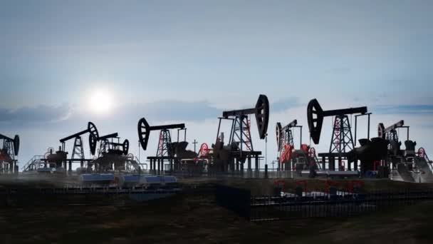 石油ポンプ 石油産業機器 掘削装置は劇的な空の日没で油田からのシルエットを沈めます エネルギー供給危機 エネルギー危機 — ストック動画
