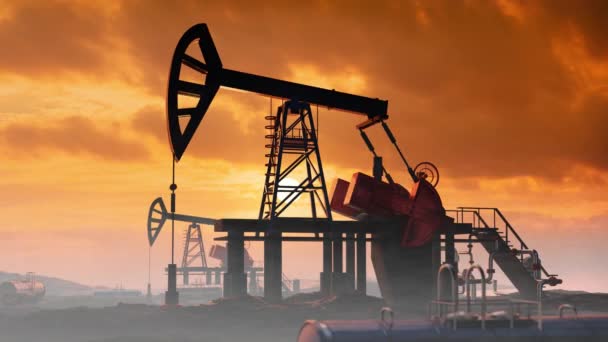 Нефтяной Насос Нефтяное Оборудование Буровые Вышки Силуэт Нефтяного Месторождения Закате — стоковое видео