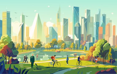 Beautiful futuristic city view with park and lake at sunny day. People cycling and walking in park clipart