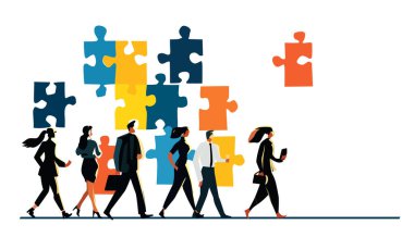 Grup iş adamları yapboz arka planının yanında yürüyor.