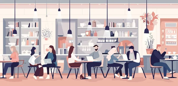 Young people working from cafe. Cafe interior, remote working concept illustration