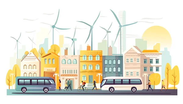 Eco friendly city, street view with busses and walking people and wind turbines at the background. Idilic place to live, city of the future concept illustration