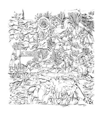 Ashurbanipal Sarayı 'ndan gelen yardım, Asurluların bir Elamite kalesini kuşatıp MÖ 645635' te Babil 'i ele geçirdiğini gösteriyor. Çizim