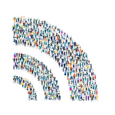 Beyaz arka planda birçok küçük insanın Wi-Fi sembolü