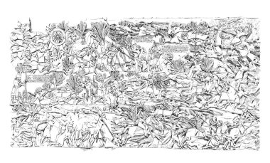 Ashurbanipal Sarayı 'ndan gelen yardım, Asurluların bir Elamite kalesini kuşatıp MÖ 645635' te Babil 'i ele geçirdiğini gösteriyor. Çizim