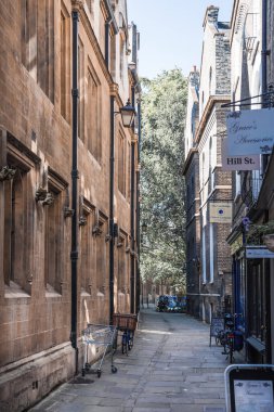 Cambridge, İngiltere - 16 Temmuz 2023: Kafeler, dükkanlar ve yürüyen insanlarla Hight caddesi manzarası 