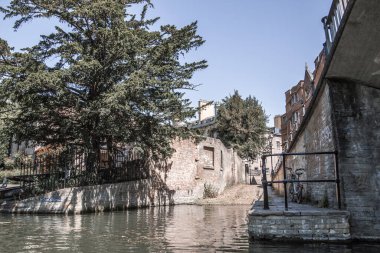 Cambridge, İngiltere - 16 Temmuz 2021: Cam nehrinin manzarası, eski üniversiteler manzarası ve tekneler 