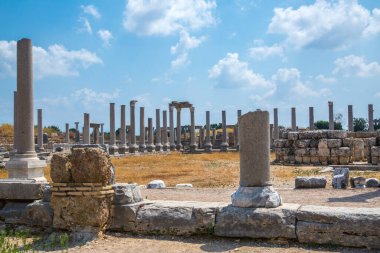 Perge, Colonnaded caddesi ve yan taraftaki özel evlerin kalıntıları. MÖ 7. yüzyıldan kalma Yunan kolonisi, MÖ 334 yılında Persler ve Büyük İskender tarafından fethedildi..