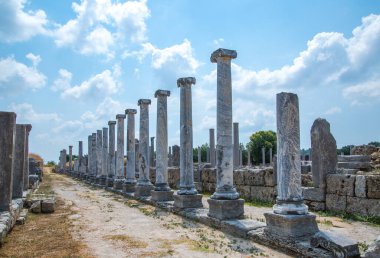 Perge, Colonnaded caddesi ve yan taraftaki özel evlerin kalıntıları. MÖ 7. yüzyıldan kalma Yunan kolonisi, MÖ 334 yılında Persler ve Büyük İskender tarafından fethedildi..