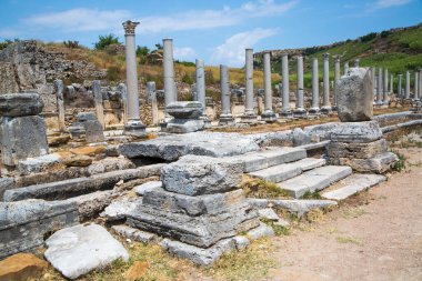 Perge, Colonnaded caddesi ve yan taraftaki özel evlerin kalıntıları. MÖ 7. yüzyıldan kalma Yunan kolonisi, MÖ 334 yılında Persler ve Büyük İskender tarafından fethedildi..