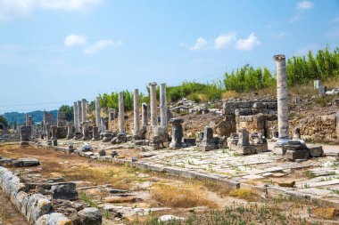 Perge, Colonnaded caddesi ve yan taraftaki özel evlerin kalıntıları. MÖ 7. yüzyıldan kalma Yunan kolonisi, MÖ 334 yılında Persler ve Büyük İskender tarafından fethedildi..