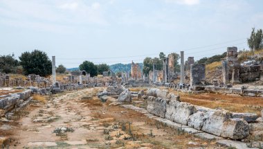 Perge, Colonnaded caddesi ve yan taraftaki özel evlerin kalıntıları. MÖ 7. yüzyıldan kalma Yunan kolonisi, MÖ 334 yılında Persler ve Büyük İskender tarafından fethedildi..