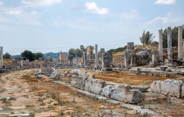 Perge, Colonnaded caddesi ve yan taraftaki özel evlerin kalıntıları. MÖ 7. yüzyıldan kalma Yunan kolonisi, MÖ 334 yılında Persler ve Büyük İskender tarafından fethedildi..