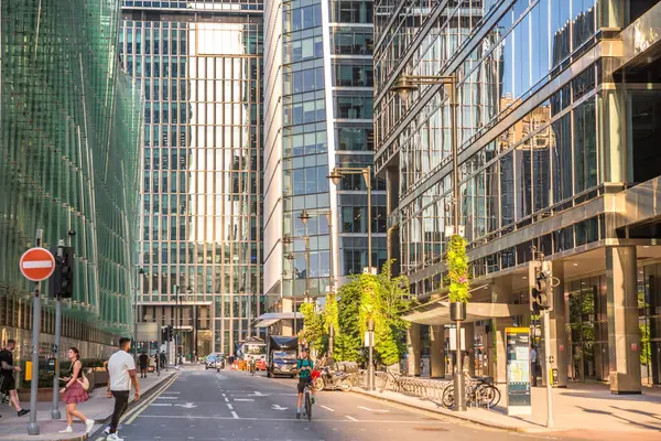 Londra, İngiltere - 30 Temmuz 2024: Kanarya rıhtımı ve bankacılık bölgesi, gökdelenler ve ofis binaları gün batımında