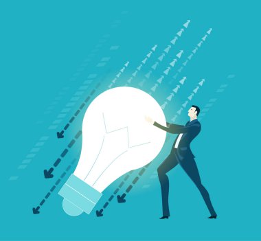 İş adamları parlak bir çözüm bulmanın, sorunları çözmenin, kutunun dışında düşünmenin, akıllı olmanın sembolü olarak ampulle çalışırlar. İş adamı çalışma süreci çizimi 