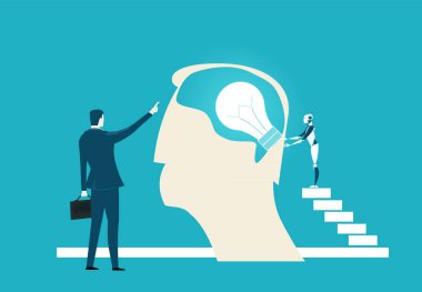 İş adamları parlak bir çözüm bulmanın, sorunları çözmenin, kutunun dışında düşünmenin, akıllı olmanın sembolü olarak ampulle çalışırlar. İş adamı çalışma süreci çizimi 