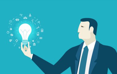 İş adamları parlak bir çözüm bulmanın, sorunları çözmenin, kutunun dışında düşünmenin, akıllı olmanın sembolü olarak ampulle çalışırlar. İş adamı çalışma süreci çizimi 