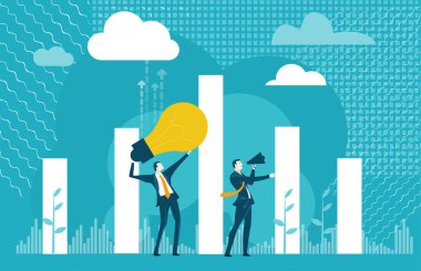 İş adamları parlak bir çözüm bulmanın, sorunları çözmenin, kutunun dışında düşünmenin, akıllı olmanın sembolü olarak ampulle çalışırlar. İş adamı çalışma süreci çizimi 