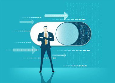 İş adamı başlangıç, yeni iş ve ilerleme denetimi sembolü olarak sağdaki düğmeye bas