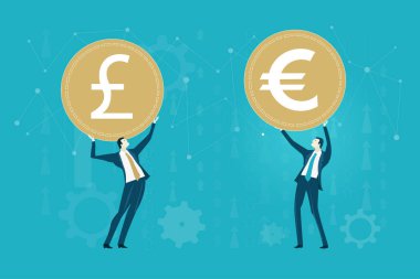 İngiliz Sterlin, dolar, avro gibi para birimi sembolleri işadamının elinde. Maliye, ekonomi, borsa fiyatları konsepti illüstrasyon 