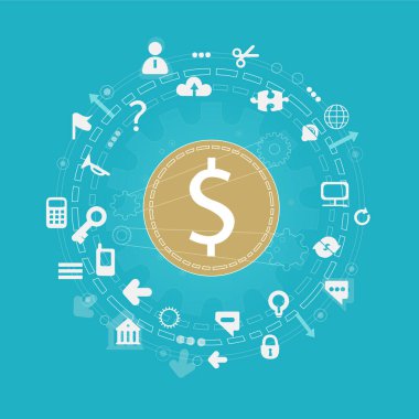 Dolar sembollü iş geçmişi, altın para ve simgeler. Maliye, ekonomi, borsa fiyatları konsepti illüstrasyon 