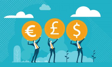 İngiliz Sterlin, dolar, avro gibi para birimi sembolleri işadamının elinde. Maliye, ekonomi, borsa fiyatları konsepti illüstrasyon 
