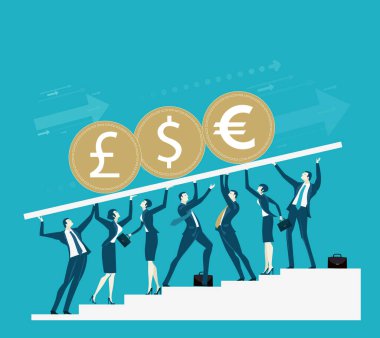 İngiliz Sterlin, dolar, avro gibi para birimi sembolleri işadamının elinde. Maliye, ekonomi, borsa fiyatları konsepti illüstrasyon 