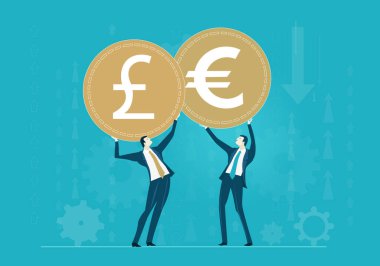 İngiliz Sterlin, dolar, avro gibi para birimi sembolleri işadamının elinde. Maliye, ekonomi, borsa fiyatları konsepti illüstrasyon 