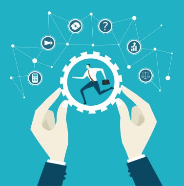 İş adamı elinde küçük iş adamları, takım üyeleri, onları kontrol eder ve korur.