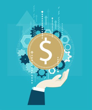 İş adamının eli iş iletişimi simgelerini elinde tutuyor, başarıya giden yolu ve sorunları çözmeyi sembolize ediyor. İş konsepti illüstrasyonu   