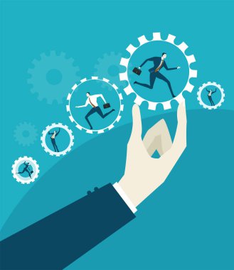 İşadamı ya da şirket sahibi küçük bir iş adamını tutuyor, ona yardım ediyor ve başarıya giden yolu gösteriyor. İş konsepti illüstrasyonu   