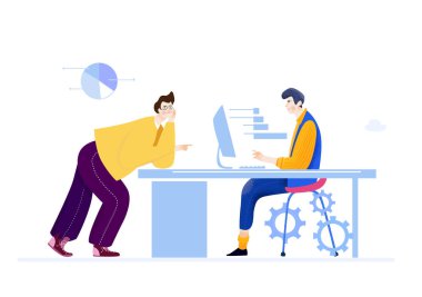 Mutlu iş adamları ofiste birlikte çalışıyorlar, işbirliği yapıyorlar, fikirlerini paylaşıyorlar. İş konsepti illüstrasyonu 