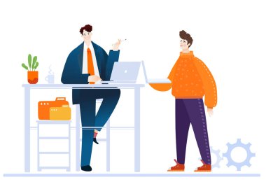 Mutlu iş adamları ofiste birlikte çalışıyorlar, işbirliği yapıyorlar, fikirlerini paylaşıyorlar. İş konsepti illüstrasyonu 