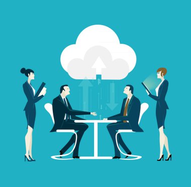 İş toplantısı, konferans masasında oturan iş adamları, konuşmak, fikirleri paylaşmak, bir projede işbirliği yapmak. İş konsepti illüstrasyonu 