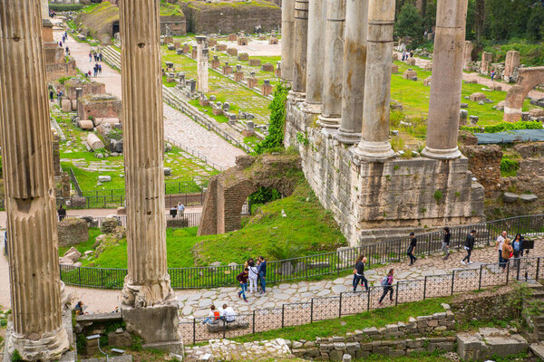 ROME, ITALY - APRIL 8, 2024: Roman's forum with ruins of important ancient government buildings started 7th century BC