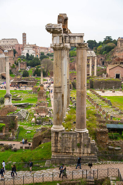 ROME, ITALY - APRIL 8, 2024: Roman's forum with ruins of important ancient government buildings started 7th century BC
