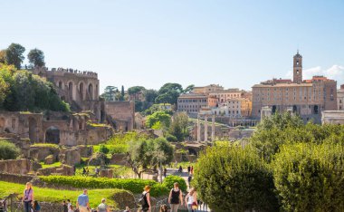 ROME, ITALY - 6 Nisan 2024: Roma 'nın önemli antik hükümet binaları, tapınakları, terimleri ve zafer kemerleriyle dolu forumu MÖ 7. yüzyılda başladı