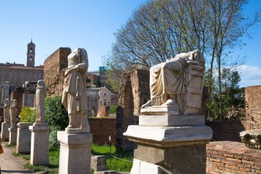 ROME, ITALY - 6 Nisan 2024: Roma 'nın önemli antik hükümet binaları, tapınakları, terimleri ve zafer kemerleriyle dolu forumu MÖ 7. yüzyılda başladı