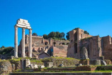 ROME, ITALY - 8 Nisan 2024: Roma forumu önemli antik hükümet binaları, tapınak kalıntıları ve antik yollar MÖ 7. yüzyılda başladı