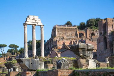 ROME, ITALY - 8 Nisan 2024: Roma forumu önemli antik hükümet binaları, tapınak kalıntıları ve antik yollar MÖ 7. yüzyılda başladı