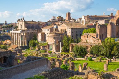ROME, ITALY - 8 Nisan 2024: Roma forumu önemli antik hükümet binaları, tapınak kalıntıları ve antik yollar MÖ 7. yüzyılda başladı