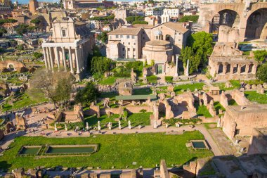 Roma, İtalya - 8 Nisan 2024: Roma forumu önemli antik hükümet binaları, tapınak kalıntıları ve antik yollar MÖ 7. yüzyılda başladı. Palatine Hill 'den Görünüm