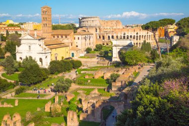 Roma, İtalya - 8 Nisan 2024: Roma forumu önemli antik hükümet binaları, tapınak kalıntıları ve antik yollar MÖ 7. yüzyılda başladı. Palatine Hill 'den Görünüm