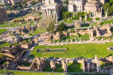 Roma, İtalya - 8 Nisan 2024: Roma forumu önemli antik hükümet binaları, tapınak kalıntıları ve antik yollar MÖ 7. yüzyılda başladı. Palatine Hill 'den Görünüm