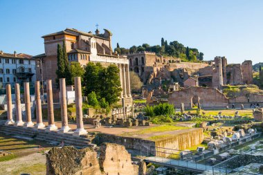 ROME, ITALY - 8 Nisan 2024: Roma forumu önemli antik hükümet binaları, tapınak kalıntıları ve antik yollar MÖ 7. yüzyılda başladı