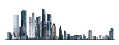 Modern şehir panoraması, cam gökdelenleri ve kurumsal binaları olan illüstrasyon. İş hayatında başarı, uluslararası şirketler, gökdelenler, bankalar ve ofis blokları.