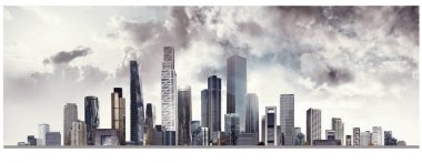 Modern şehir panoraması, cam gökdelenleri ve kurumsal binaları olan illüstrasyon. İş hayatında başarı, uluslararası şirketler, gökdelenler, bankalar ve ofis blokları.