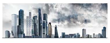 Modern şehir panoraması, cam gökdelenleri ve kurumsal binaları olan illüstrasyon. İş hayatında başarı, uluslararası şirketler, gökdelenler, bankalar ve ofis blokları.