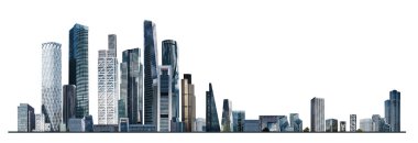 Modern şehir panoraması, cam gökdelenleri ve kurumsal binaları olan illüstrasyon. İş hayatında başarı, uluslararası şirketler, gökdelenler, bankalar ve ofis blokları.